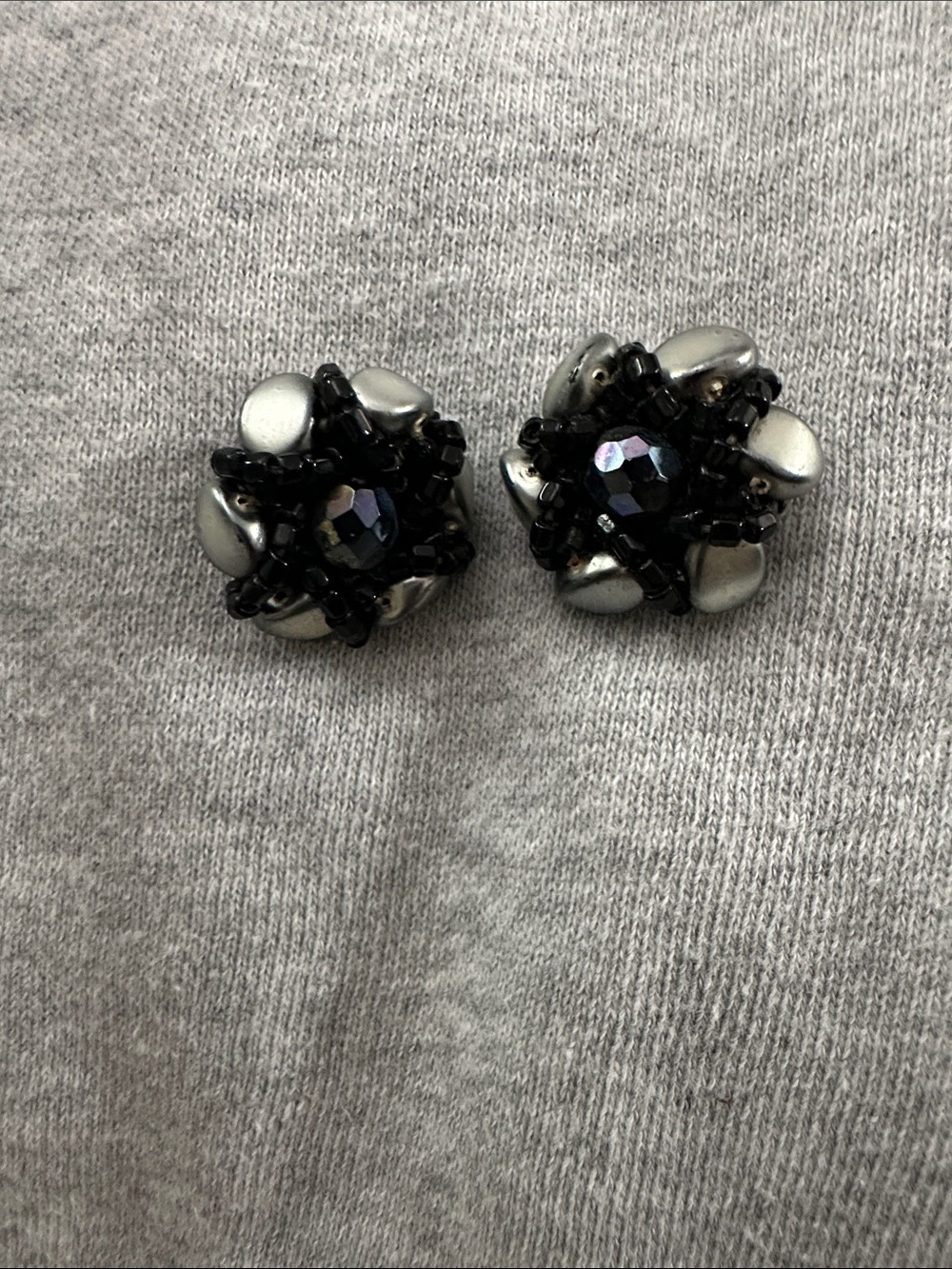 Handcrafted Hematite and Black Bead Floral Stud Earrings